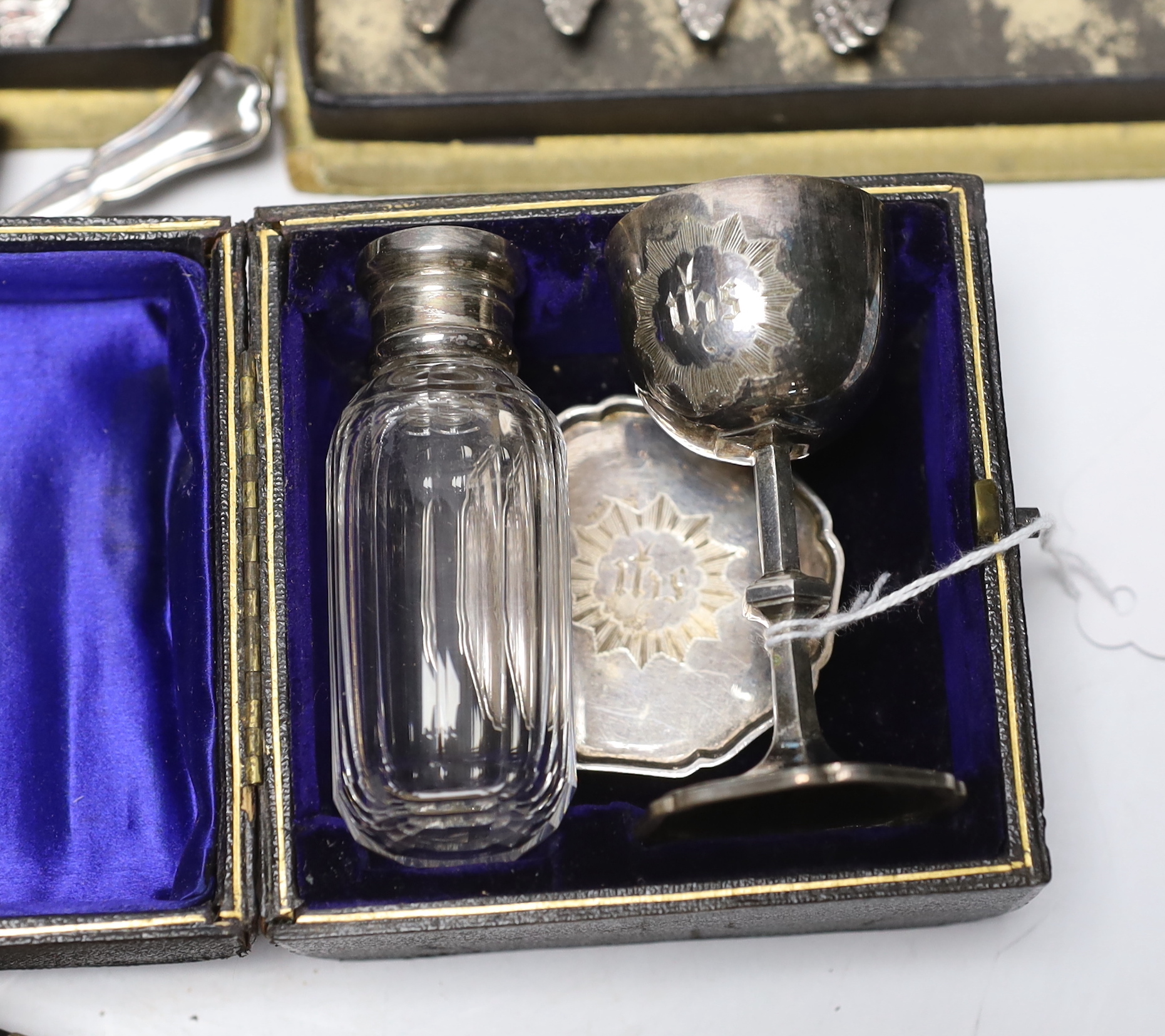 Assorted plated cutlery etc , including a cased travelling miniature Eucharist